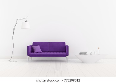 Ultra violet. The color of the year 2018. The interior room with a ultra violet sofa, a large lamp and a table. 3d illustration.