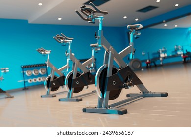 An ultra-modern indoor cycling studio, equipped with high-tech stationary bikes, mirrors, and sleek design for the ultimate fitness experience. - Powered by Shutterstock