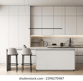 Ultra-modern kitchen with streamlined cabinetry and a marble feature wall, paired with designer bar chairs. 3d render. 3D Illustration - Powered by Shutterstock