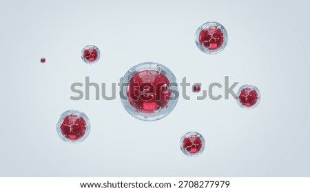 Ultra-realistic 3D render of a Red Algae (Rhodophyta) extract or marine ingredient encapsulated within a transparent nano capsule or bubble.
