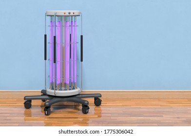 Ultraviolet UV Disinfection Lamp In Room Near Wall, 3D Rendering