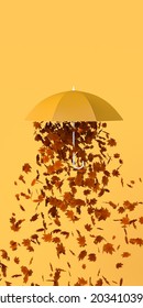 Umbrella With Falling Leaves. Banner For The Fall Season. 3D Illustration. Copy Space. Wind Moving Dry Leaves Under An Umbrella.