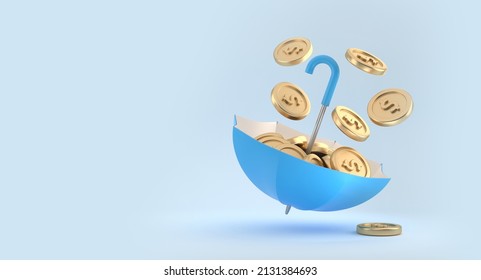 Umbrella full of golden coins with dollar sign. Upside-down blue umbrella. Money collecting concept. 3d rendering