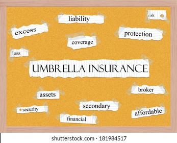 Umbrella Insurance Corkboard Word Concept With Great Terms Such As Excess, Liability, Coverage And More.