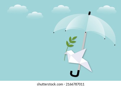 Umbrella With Paper Dove Or Pigeon Carrying Olive Branch Flying In Cloudy Sky Background, Concept For World Peace Day, International Day Of Peace. Copy Space. Illustration Paper Cut Design Style