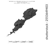 Umnak Island in the Bering Sea, belonging to United States, isolated on a bilevel elevation map, with distance scale