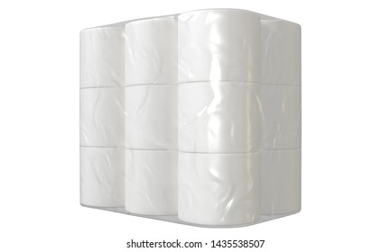 An Unbranded Plastic Shrink Wrap Packaging Holding A Pile Of White Toilet Paper Rolls - 3D Render