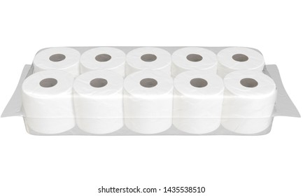 An Unbranded Plastic Shrink Wrap Packaging Holding A Pile Of White Toilet Paper Rolls - 3D Render