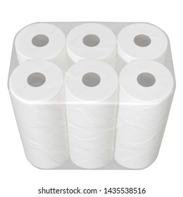 An Unbranded Plastic Shrink Wrap Packaging Holding A Pile Of White Toilet Paper Rolls - 3D Render