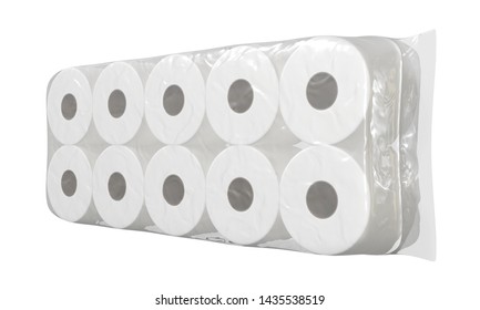 An Unbranded Plastic Shrink Wrap Packaging Holding A Pile Of White Toilet Paper Rolls - 3D Render