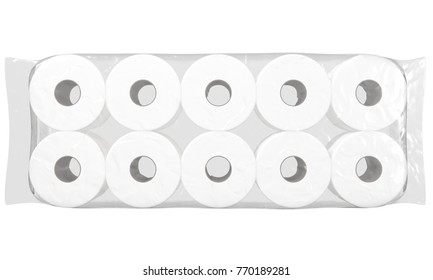 An Unbranded Plastic Shrink Wrap Packaging Holding A Pile Of White Toilet Paper Rolls - 3D Render