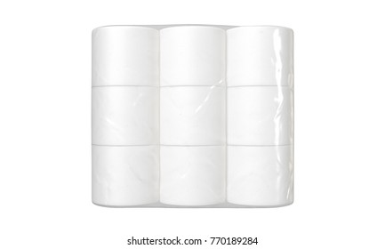 An Unbranded Plastic Shrink Wrap Packaging Holding A Pile Of White Toilet Paper Rolls - 3D Render