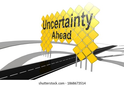 Uncertainty Ahead Word On Giant Yellow Road Signs, 3D Rendering