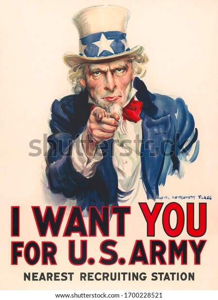 Uncle Sam, \'I Want You\'\
Poster for recruiting people into US Army by James Montgomery Flagg\
in 1917
