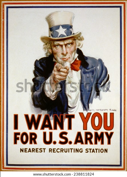 Uncle Sam, \'I Want You\' US Army recruiting\
poster by James Montgomery Flagg,\
1917