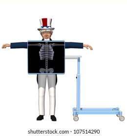 Uncle Sam - X-ray: Uncle Sam Standing Behind An X-ray Machine With His Arms Out. Isolated On White