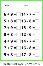  uncluttered math practice sheet, perfect for educational resources, assessments, or children's activities. addition and subtraction from 1 to 20 