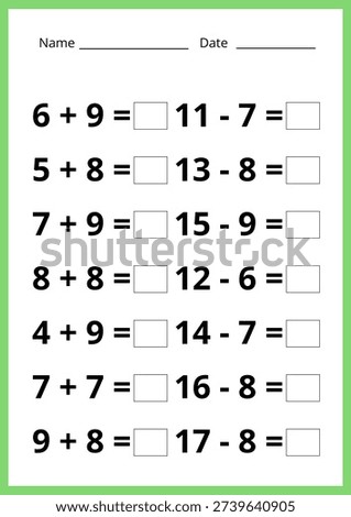  uncluttered math practice sheet, perfect for educational resources, assessments, or children's activities. addition and subtraction from 1 to 20 