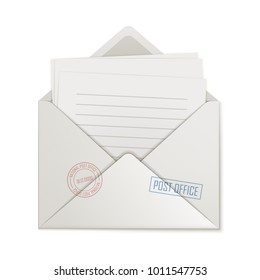 Uncovered envelope, few lined paper, isolated. Cover close-up with missive inside. Opened message, blank form,  illustration