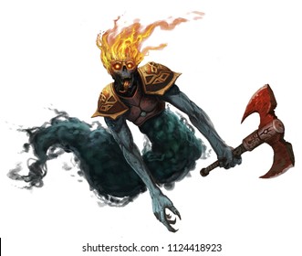Undead evil ghost creature wearing armor and holding an axe flying through the air isolated white background - digital fantasy painting