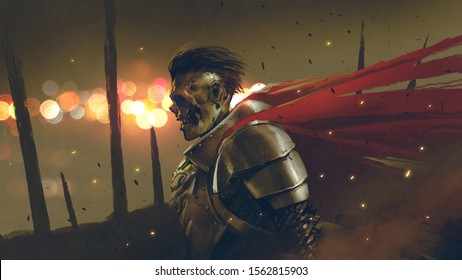 The Undead Knight In Medieval Armors Prepares For Battle Against A Background Dawn, Digital Art Style, Illustration Painting