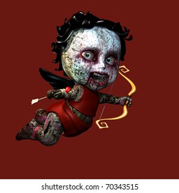 Undead Zombie Cupid with bow and arrow. Isolated on a dark red background.