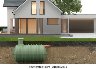 Undenground Septic Tank And House With Clipping Of Ground - 3d Illustration