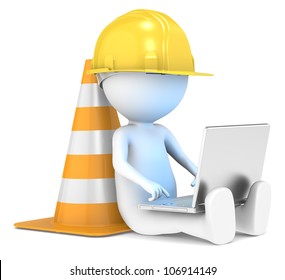 Under Construction. 3D little human character The Builder sitting with a Laptop. Illuminative blue screen. People series.