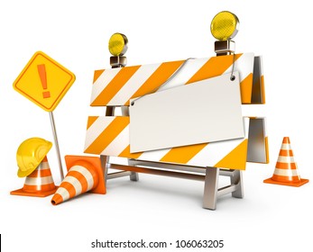 Under construction barrier. Blank sheet. Traffic cones. Road sign. Construction Helmet. Isolated on white background. 3d render