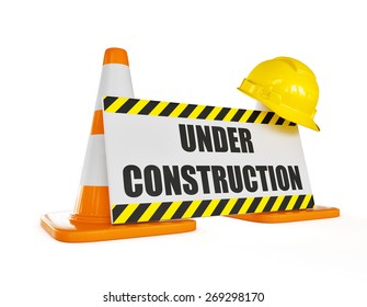 Under construction concept background - orange highway traffic construction cones with white stripes with announcement plate isolated on white