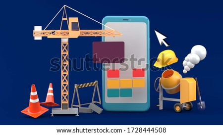 Under construction concept design for smart phone with crane,cement mixer and construction material on blue background.-3d rendering. 
