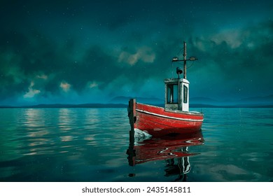 Under an expansive star-filled sky, a lone red fishing boat gently rocks on the serene sea, bathed in the ethereal glow of the Northern Lights with a mountain silhouette. - Powered by Shutterstock