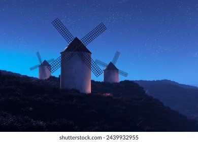 Under a mesmerizing star-filled sky, the silhouetted forms of three ancient windmills perch on a serene hill, embodying tranquility and historical charm. - Powered by Shutterstock