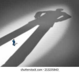 Under A Shadow Business Metaphor For Living Under A Powerful Leader Or Small Business Competing Against Giants As A Businessman Facing A Huge Darkness Shaped As A Giant Man.