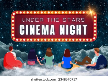 Under the stars cinema night text on red billboard or shining signboard with glowing yellow neon light bulbs isolated.  Dark night background with stars and clouds.  Sitting people watching movie. - Powered by Shutterstock