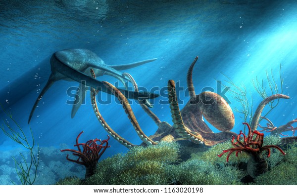 Under the surface of the Cretaceous sea, two mighty beasts do battle.  A giant octopus has snared a styxosaurus in its tentacles, a fight with the long necked marine reptile ensues. 3D Rendering