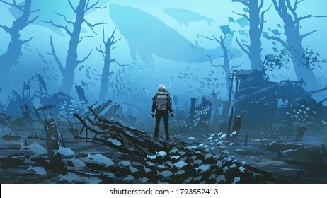 Under Water Scene Of The Futuristic Diver Standing In A Submerged Town, Digital Art Style, Illustration Painting