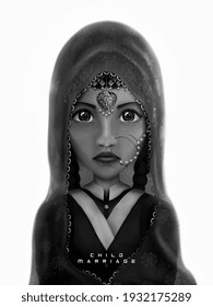 Underage Bride Illustration Isolated Black And White. Raising Awareness On 8th March, Women's Day - Standing Against Injustice And Child Marriage.