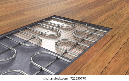 Underfloor heating system under wooden floor. 3D rendered illustration.