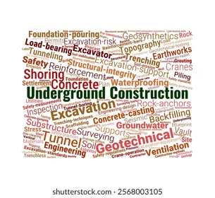 Underground Construction Word Cloud. Composition of Words Related to Underground Construction Projects in Real Estate and Engineering.