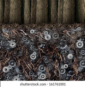 Underground Economy And Black Market Business Concept As A Forest Of Trees As A Hidden Root System Under The Ground As Gears And Cog Wheels Connected Together In A Secret Financial Industry Network.