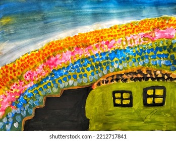 A Underground House Is In The Flower Field, Poster Colors Painting