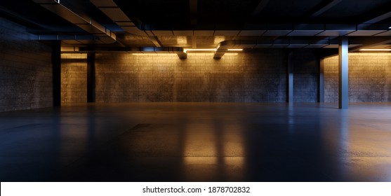 Underground Industrial Cyber Sci Fi Futuristic Neon Fluorescent Orange Blue Glowing Lights Garage Cement Grunge Dark Concrete Car Parking Tunnel Corridor Background 3D Rendering Illustration