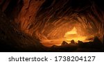 Underground, molten lava cave. Digital art. Deep cavern.