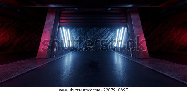 Underground Neon Cyber Sci Fi\
Futuristic Rock Wall Cement Concrete Basement Nuclear Bunker\
Parking Showroom Grunge Car Metal Door Corridor 3D Rendering \
Illustration