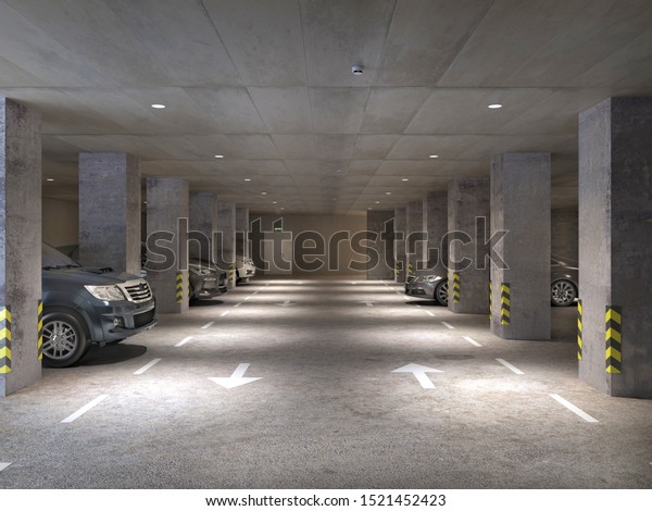 Underground parking area with concrete\
columns and cars, 3d\
illustration