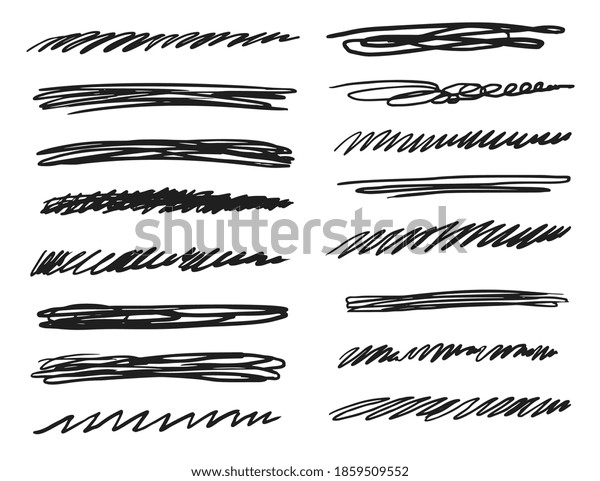Underline\
stroke. Hand drawn underline stroke sketch illustration. abstract\
curved scribble line collection on white. Isolated handmade black\
felt tip brush smear or paint stripe icon\
set