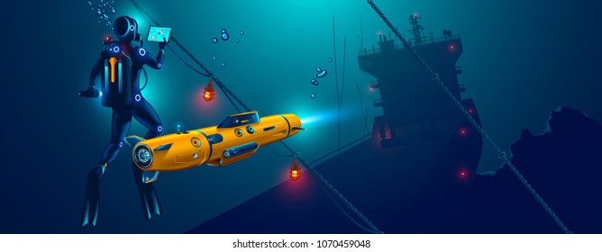 Underwater Autonomous Robot Exploration Sea Floor. Underwater Drone With Diver Explorat The Place Shipwreck Of Ship.