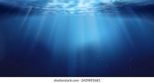 Underwater background, ocean or sea surface seen from under water. Rays of light, abstract marine backdrop. Nature landscape, beams blurred. illustration Eps 10.