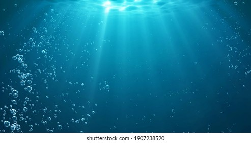 Underwater background and water bubbles   undersea light rays shine